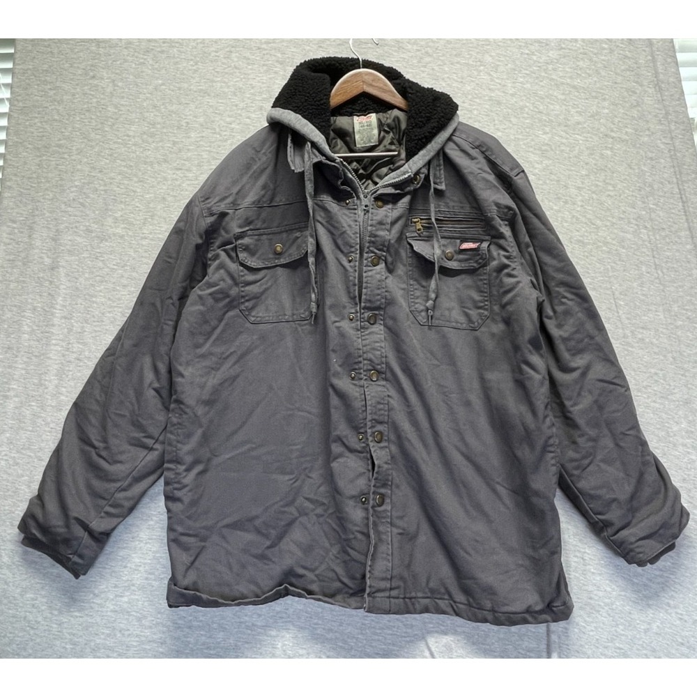 Dickies Work Jacket Mens XL Gray Quilted Lined Patch Logo Hooded Snap Inside Zip